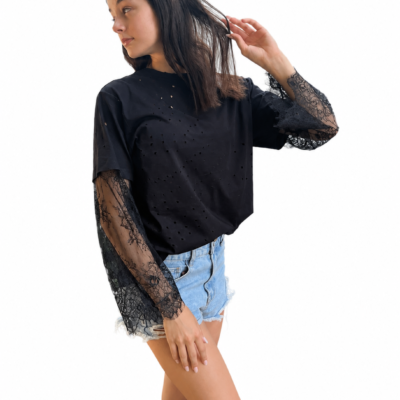 Tricou cu mâneci din dantelă chantilly